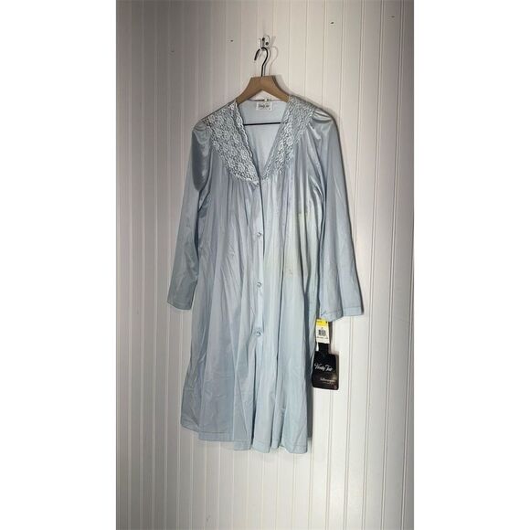 Vintage Deadstock Vanity Fair Silkenique Robe & Gown Set Blue M USA Lace Nylon - Picture 1 of 13